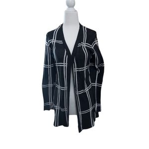 Belldini M Open Front Cardigan Window Pane Long Line Gray White Sweater Top